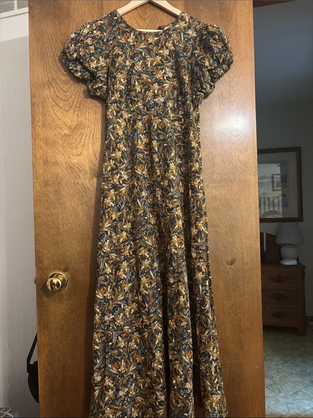Doen Floral Paisley Puff-Sleeve Maxi Dress in Brown and Black